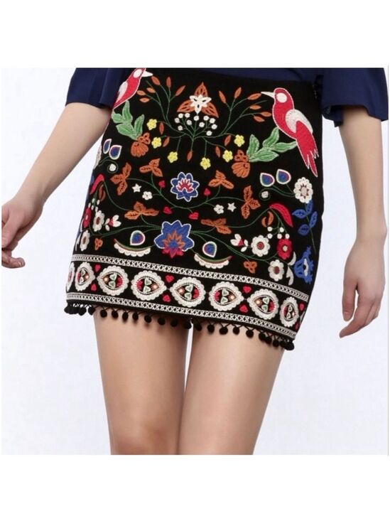 Umgee Dresses & Skirts - Umgee Black Multicolor Embroidered Mini Skirt Birds Pom Trim Sz L NWT